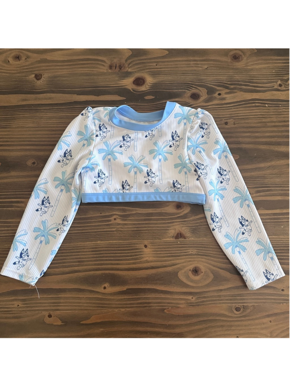 Girls Bluey Cropped Swim Top 4T White Blue Palm Tree Long Sleeve Swim Shirt